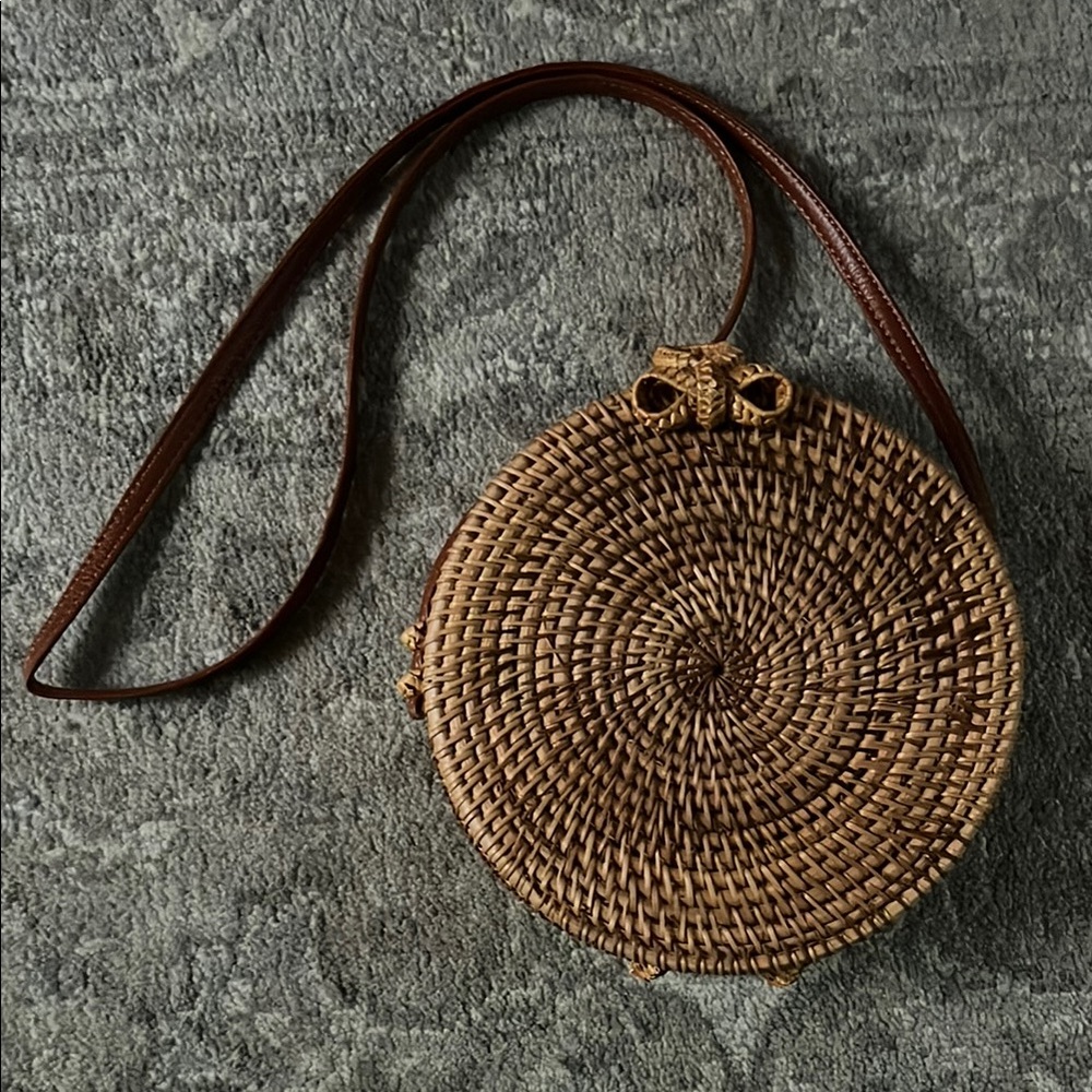 Round Woven Brown Crossbody Bag